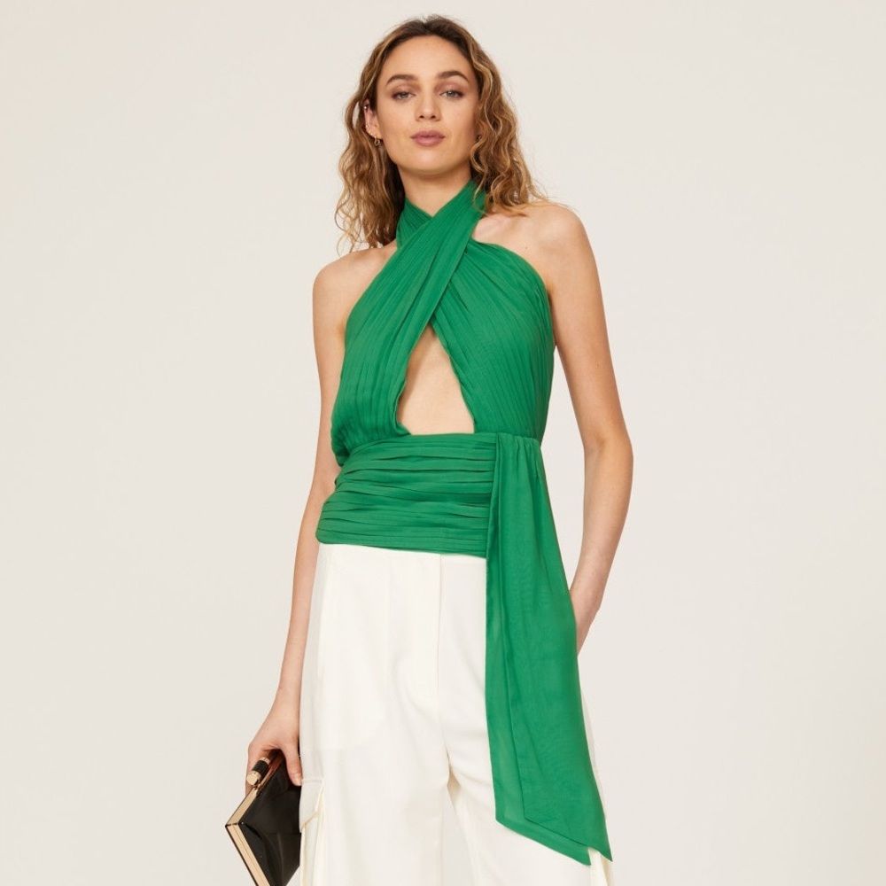 De La Valli Pareo Top Cross Front Halter Top in Green size 14